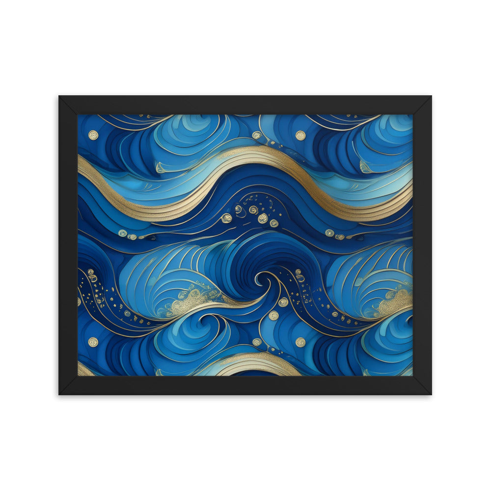 Blue and Gold Waves - Framed poster