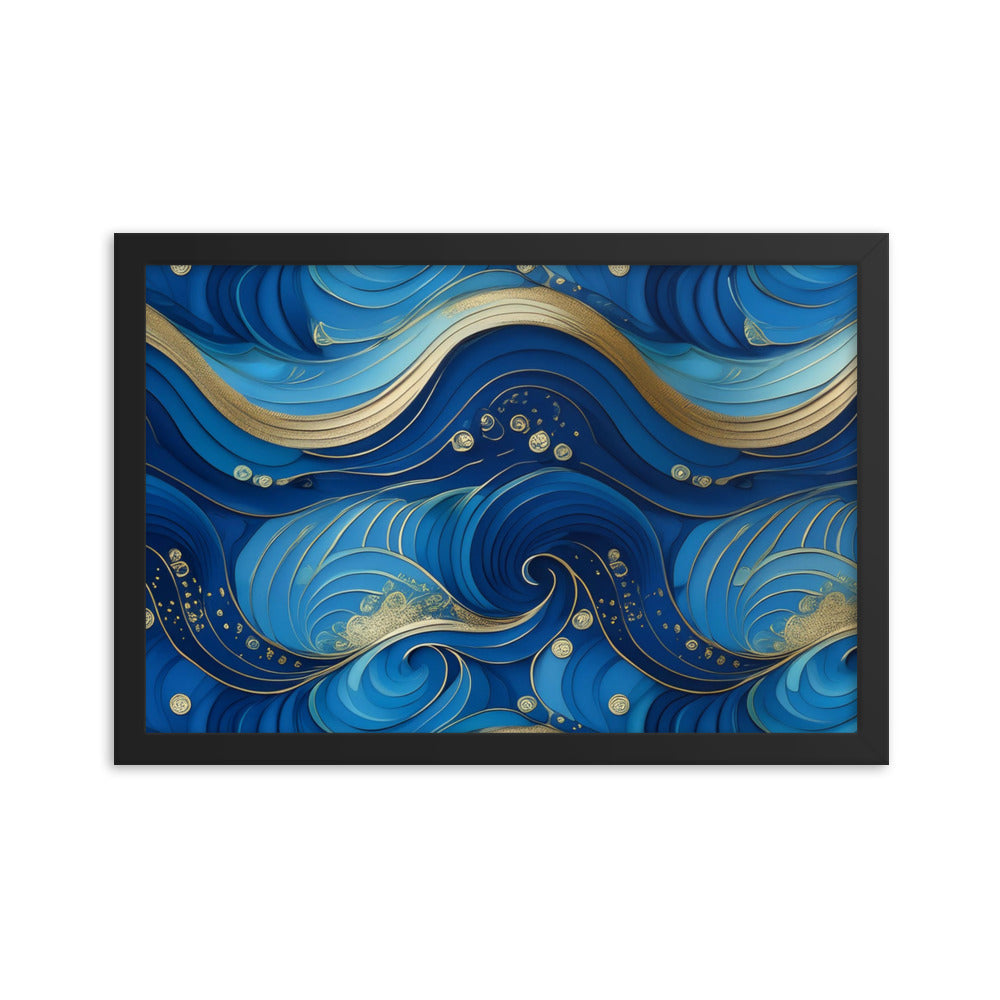 Blue and Gold Waves - Framed poster