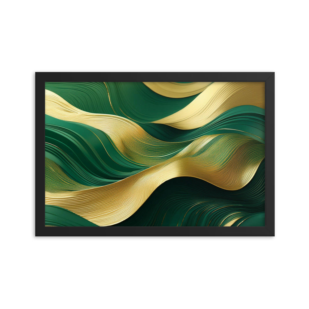 Green and Gold Waves - Framed poster