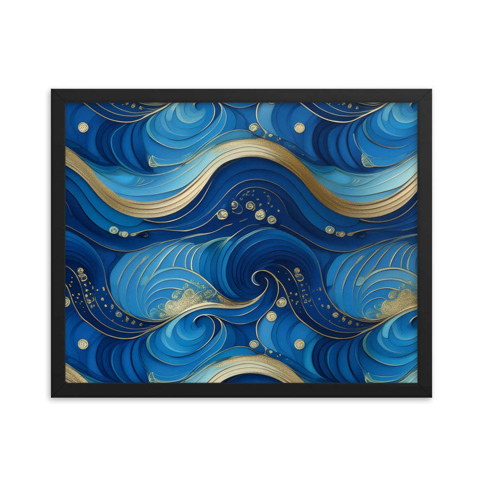 Blue and Gold Waves - Framed poster