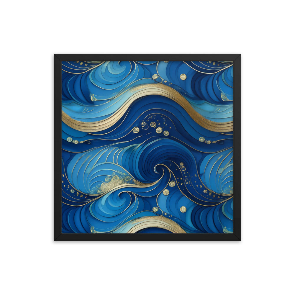 Blue and Gold Waves - Framed poster