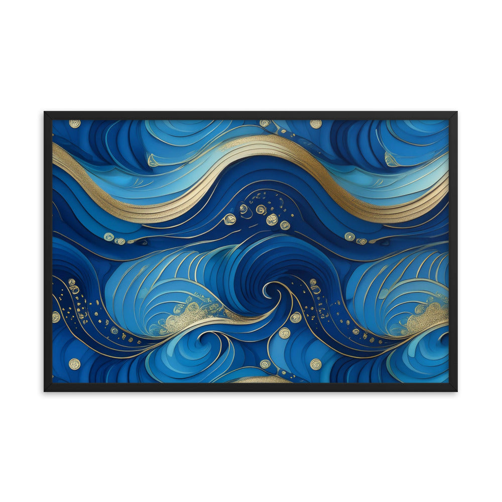 Blue and Gold Waves - Framed poster