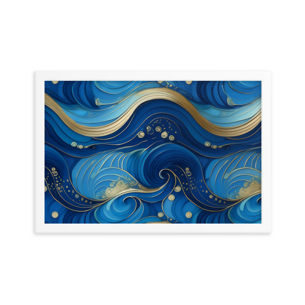 Blue and Gold Waves - Framed poster