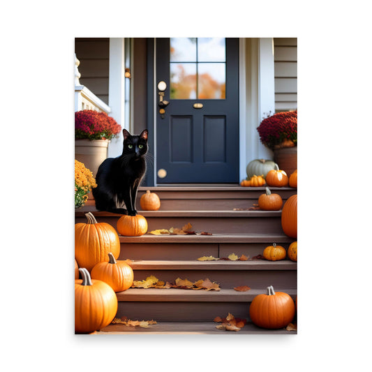 Fall Porch and Black Cat - Poster