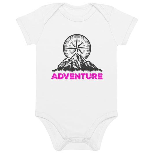 Adventure Compass (pink font) - Organic cotton baby bodysuit