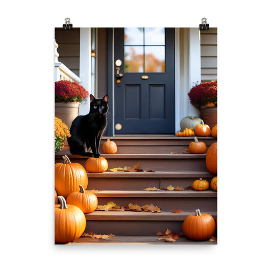 Fall Porch and Black Cat - Photo paper poster